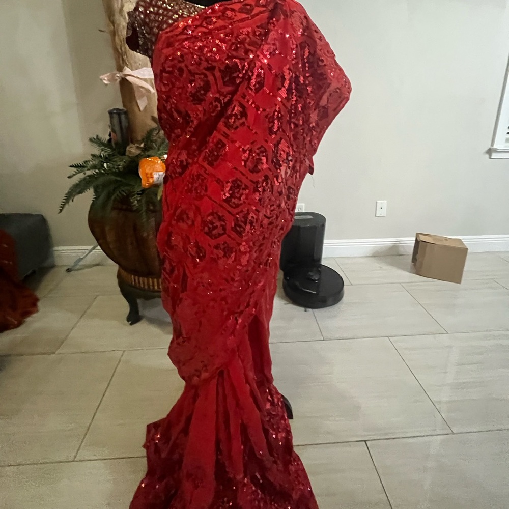 designer red saree, brand new, never worn, sequins work